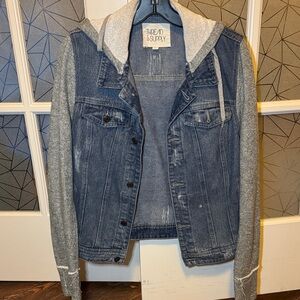 Thread & Supply Blue Denim hooded Jacket with Gray Sleeves